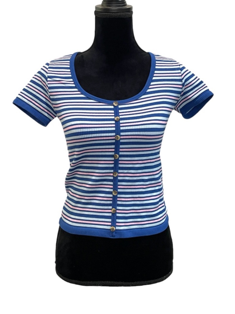 No Boundaries Blue, White & Pink Striped Short-Sleeve Faux Button Top